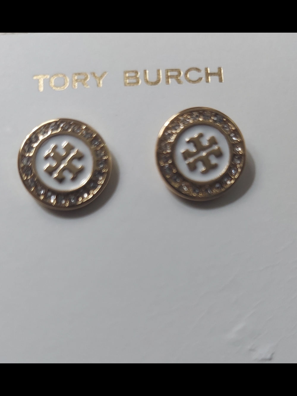 Tory Burch Gold-Tone & White Crystal Logo Button Earrings